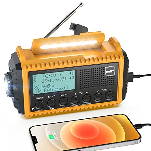 Rádio de manivela Dab/FM com bateria, rádio solar portátil com lanterna LED e luz de leitura, resistente à água IPX4, rádio de emergência e alarme SOS, adequado para caminhadas, campismo, ar livre