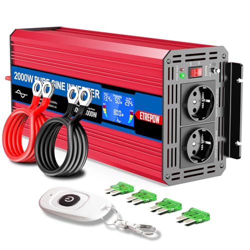 ETREPOW Inversor 12 v 220 v onda pura 2000 w conversor de voltagem com 2 tomadas da UE e USB, controlo remoto sem fios, ecrã LCD adequado para sistemas solares, caravanas, carros, campismo