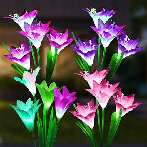 Luzes solares de jardim, 4 peças luzes solares de flores com 16 lírios de cores variáveis, candeeiro solar impermeável IP65 para exteriores para jardim, relva, pátio, decoração de caminhos
