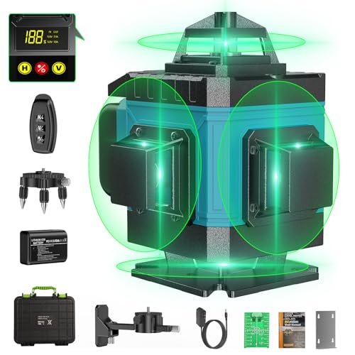 Nível laser automático de 360 graus, nível laser verde de 16 linhas, 2 x 360 horizontal e 2 x 360 verticais, 2 x bateria, montagem na parede, controlo remoto, base magnética, suporte magnético,