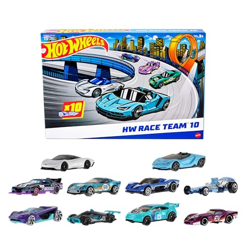 Hot Wheels Pack de 10 carros de corrida de brinquedo, escala 1:64, inclui 1 Corvette Greenwood, 1 Lamborghini Centenário Roadster e 1 McLaren Speedtail, brinquedo + 3 anos (HYM96)