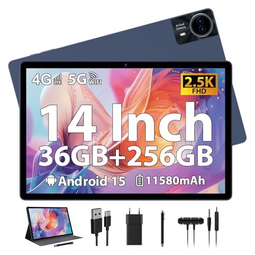 RUSHAR Tablet de 14 polegadas Android 15 com 36 GB RAM+256 GB ROM (1TB TF), 4G LTE/SIM+5G WiFi, 11580 mAh / 2240 * 1400HD / Octa-Core 2,0 GHz / 13 MP / Face IDD/Face ID. BT 5.00 /GPS/18W, Tablet com