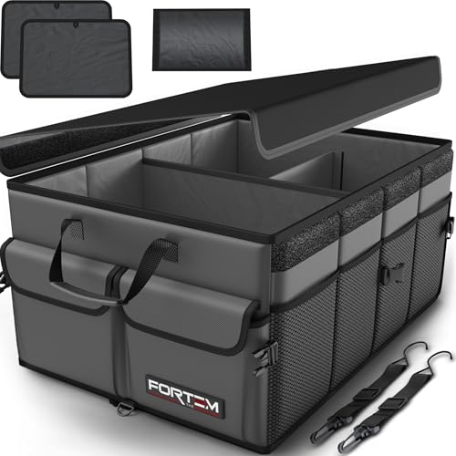Fortem Organizador de porta-bagagens, caixa de armazenamento dobrável com compartimentos, base antiderrapante, correias, bolsos