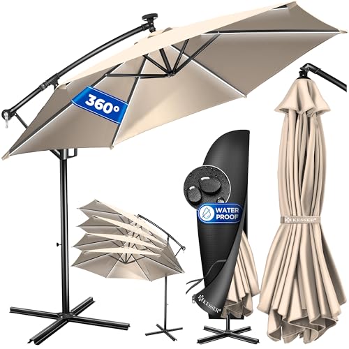 KESSER® Guarda-sol LED solar alumínio incluído capa controlo remoto e manivela | guarda-sol com suporte função 360° proteção UV repelente água para jardim, terraço, mercado, Bege