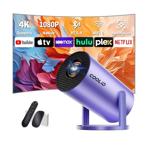 Mini projetor vídeo, projetor portátil com banda dupla WIFI 6 sem fios Bluetooth 5.4, correção trapezoidal automática, 270° rotativo HDMI/TV Stick/USB/PS5/Laptop, com cabo HDMI e rato, roxo