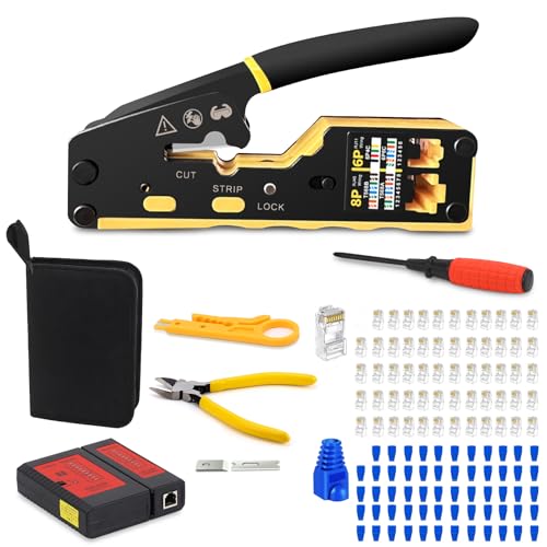9 em 1 RJ45 Crimpadora – Conjunto de ferramentas de rede, conjunto de alicate com verificador de cabos para CAT5e, CAT6, RJ11/RJ12, rede DIY, reparação de PC, 60 conectores