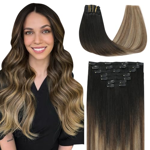 SURNEL Clipe de cabelo natural Extensões de 140 g, 40 cm, 7 peças Balayage preto natural a castanho chocolate e loiro caramelo extensões de cabelo humano (7 C#1B/4/27-40 cm)