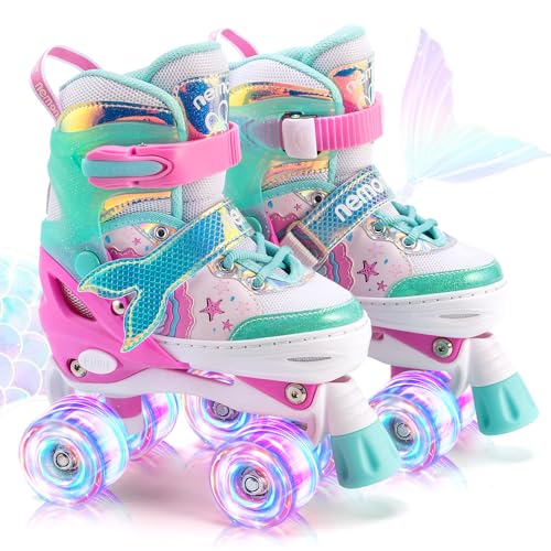 NEMONE Pequena sereia patins de rodas meninas ajustável patins 4 rodas para menino e iniciantes aniversário