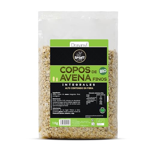 Drasanvi SPORT LIVE Flocos de aveia finos integrais BIO | Fonte natural de proteínas e vitaminas do grupo B e E | Alto conteúdo em fibra, 1 kg