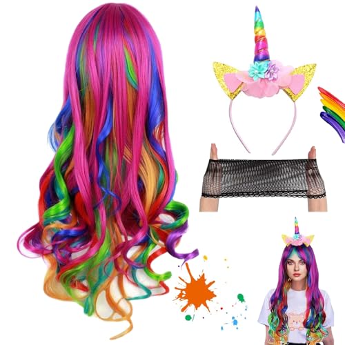 Peruca de unicórnio mulher caracóis compridos 26 polegadas/65 cm peruca longa de arco-íris com rede e tiara de unicórnio, carnaval ondulado de mulher peruca, peruca anime ondulada para cosplay