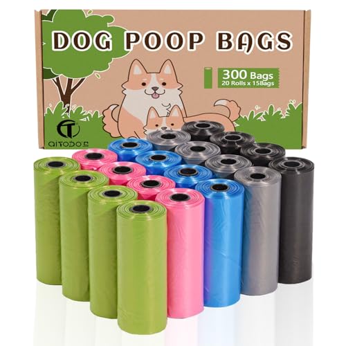 AiTodos 300 peças Sacos de cachoeira para cão, 5 cores, adequado para sair de casa, sacos de excrementos para cães-31 * 22 cm, material de polietileno, portátil - preto, azul, verde, cinzento, rosa