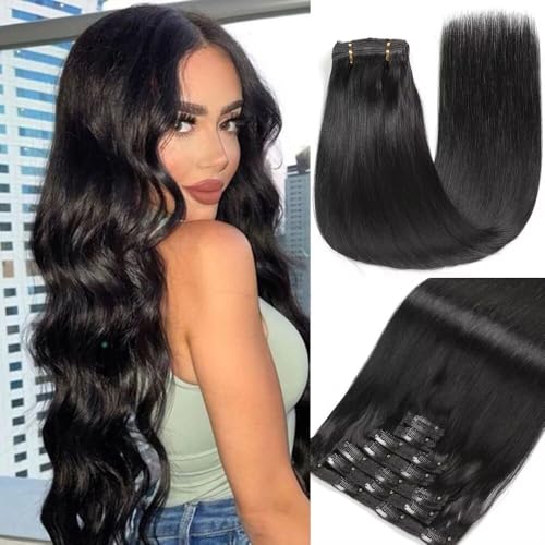 GUDOZO Clipe de cabelo natural Extensões de cabelo 7 unidades 60 cm 120 g preto natural extensões de cabelo natural grampo extensões de cabelo natural natural cabelo humano natural (24 polegadas, 1B#)