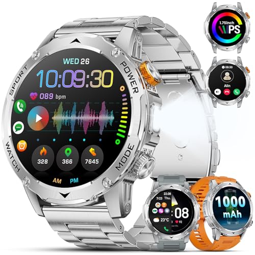 Relógio inteligente homem militar 1000 mAh/LED lanterna/5ATM impermeável/3 correias/1,75" HD Smartwatch homem com chamadas, 120 modos desportivos pulso pulso atividade Android iOS prata