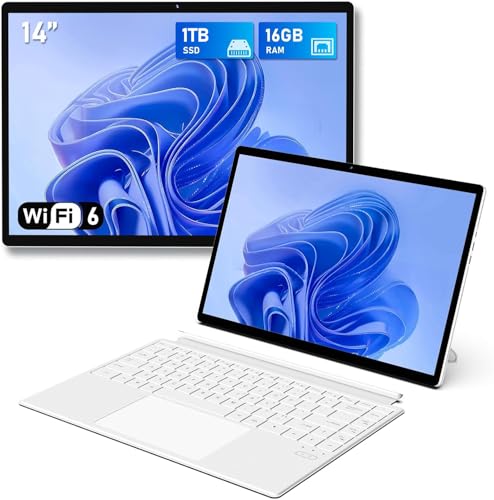 FUNYET Computadores portáteis 2 em 1, computador portátil de 14", processador N100 16 GB RAM 1TB SSD Win 11 PC portátil, teclado Bluetooth com retroiluminação e desbloqueio de impressões digitais
