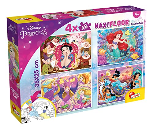 Lisciani - PUZZLE DISNEY Princesas para crianças a partir de 3 anos - 4 x 48 peças - 2 em 1 - Dupla face com verso para colorir - princesas da DISNEY - Fabricado na Itália - 192 peças