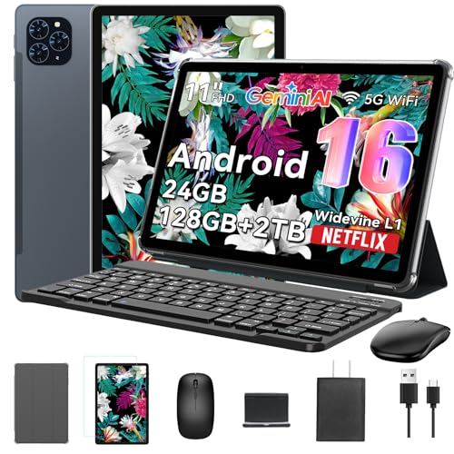 Tablet 2025 primeiro tablet Android 16 do mundo com Gemini AI, 11 polegadas FHD ecrã, 24 GB RAM, 128 GB ROM/2 TB TF, câmara 13 MP, 8000 mAh, Widevine L1, ID facial, 2 em 1 Tablet Com teclado e lápis
