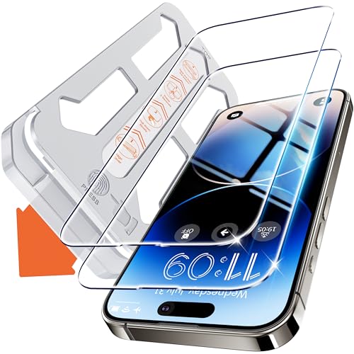Tentoki Protetor de ecrã para iPhone 14 Pro Max, alinhamento automático para instalação rápida, [2 peças] vidro temperado, [dureza 9H ][alta definição]