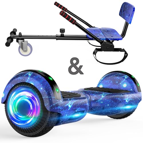 Hoverboard avec siège, 6,5 Pouces Self Balancing Hover Board avec haut-parleurs Bluetooth e lumières LED pour les enfants, les filles et les garçons (Go-Kart inclus)