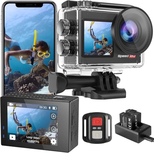 Hiicam Speed 20 Action CAM 4K60FPS 40MP WiFi câmara subaquática 40 m com ecrã duplo, Action Camera câmara de vídeo de capacete com 170 ° grande angular, controlo remoto, EIS, 2 baterias, vários