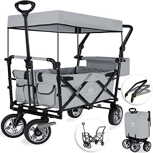 KESSER® Carrinho dobrável GT9000 carro com teto, inclui 2 X sistemas de cintos de 3 pontos, pneus de borracha maciça, até 80 kg, travão dianteiro e traseiro, bolsa de transporte, cinzento