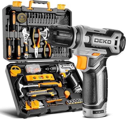 Caixa de ferramentas completa 133 peças - DEKO PRO Mala ferramentas cinzenta, para reparações domésticas e bricolage, com broca de parafuso elétrico de 12 V para perfurar e apertar / soltar parafusos