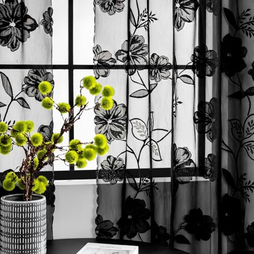 Treatmentex Cortinas translúcidas florais de renda de riscas, sala para janela de quarto, modernas, decorativas macias, com 8 ilhoses, 2 peças, preto, 140 x 175 cm