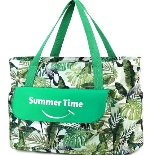 Myhozee Borsa Mare Grande xxl Famiglia, Borsa da Spiaggia Donna, com chiusura lampo, borsa estiva da spiaggia, impermeável, per piscina, gite in spiaggia piquenique viaggi Foglia verde, verde, XXL