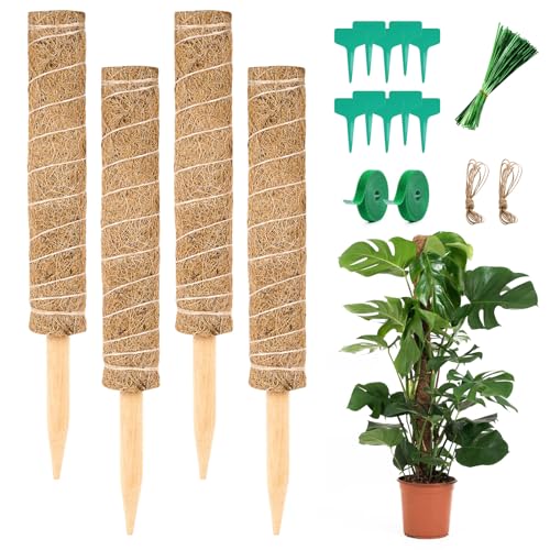 Vicloon Tutores para plantas, 4 peças de 40 cm vara de musgo, suporte para plantas de totem com 2 * 2 m corda de juta e 10 etiquetas, poste de coco empilhável, para plantas escaladoras interior ao ar