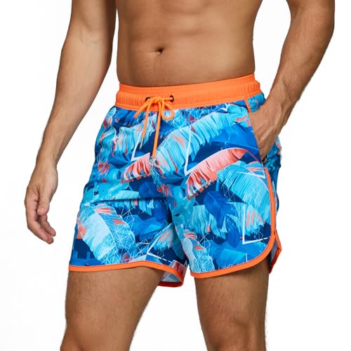 TMEOG Calções de banho homem curto de praia surf secagem rápida calções cordões fatos de banho piscina natação retro fato de banho com bolso e forro de malha Swimming Shorts