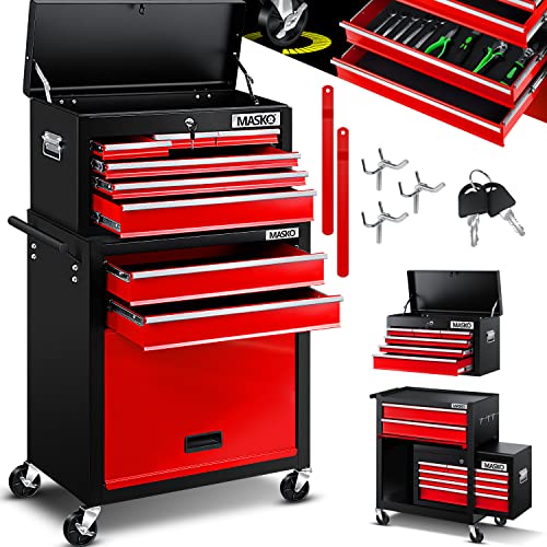 Masko® Carrinho de oficina com mala incluída, 9 compartimentos com fechadura de metal maciço, carrinho de ferramentas sem ferramentas, carrinho para guardar ferramentas com fecho, vermelho