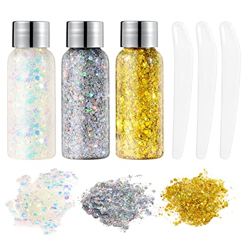 URAQT Purpurina líquida rosto, 3 peças, para festival, corporal para maquilhagem, brilhantes para cabelo e corpo para o Halloween (A), branco, prateado, dourado