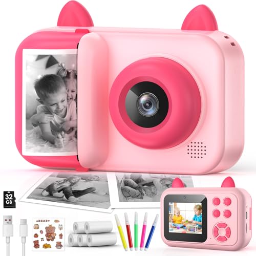 Singphere Câmara fotográfica infantil instantânea, presente para meninas e meninos dos 3 aos 12 anos, câmara com fotos infantis de 1080 P com canetas coloridas, papel de impressão e cartão SD de 32G