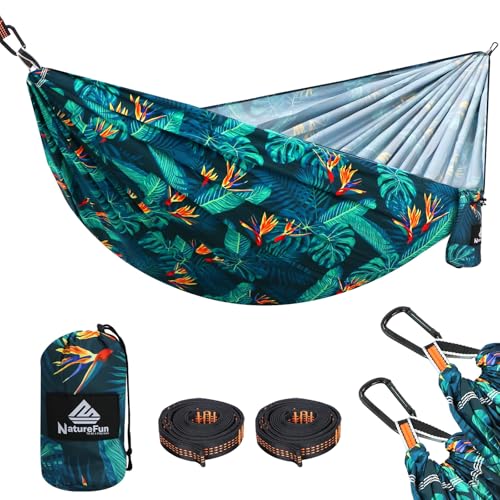 NATUREFUN Rede ultraleve para campismo (275 x 140 cm), Capacidade de carga 300 kg, respirável e de secagem rápida, rede, 2 ferro mosquetões, 2 lingas incluídas, interior exterior e jardim