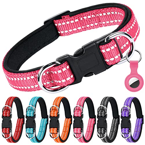 AUAUY Coleira de cão, nylon refletor, coleira ajustável cão, coleira de neoprene, anel duplo D e fivela de libertação rápida, para cães pequenos, médios e grandes (rosa vermelha-M)