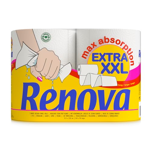 Renova Rolos de cozinha Maxi Absorption extra XXL, 2 rolos tamanho XXL padrão, papel certificado FSC