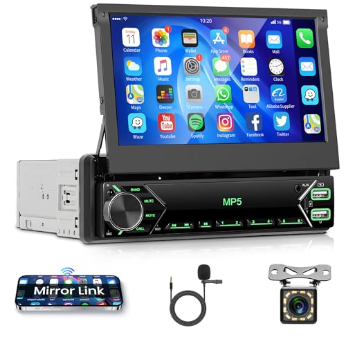 Rádio de carro 1 DIN com Bluetooth iOS/Android Mirror Link de 7 polegadas ecrã retrátil manual rádio manual de rádio mãos-livres Bluetooth FM rádio / USB/AUX/EQ/Type C controlos do volante câmara