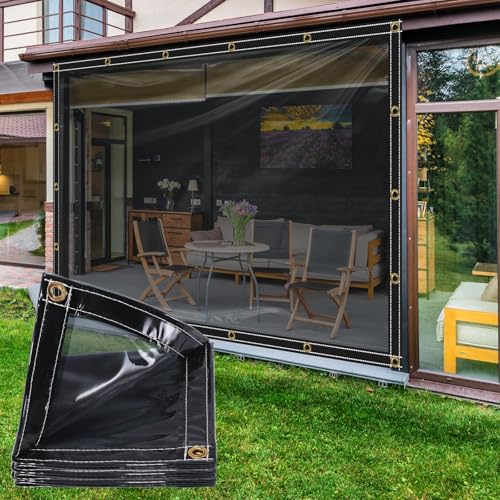 Lona transparente preta aberta para exteriores, lona de PVC transparente de 400 g/m², com 15 abraçadeiras e 10 m de corda de fixação para gazebos (3 x 4 m, preto)