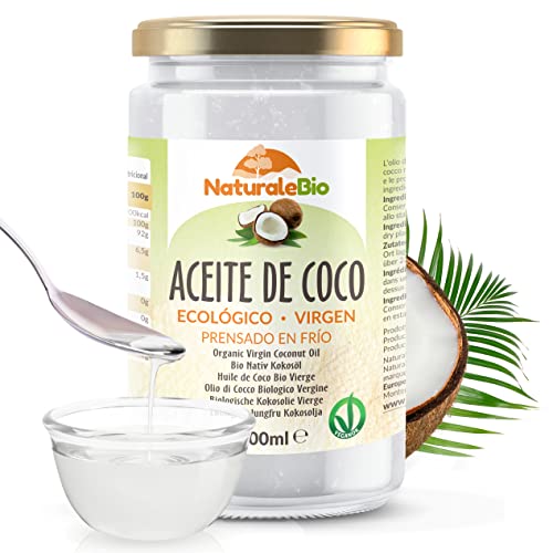 NaturaleBio Óleo de coco ecológico virgem 1000 ml. Cru e prensado a frio. Orgânico e natural. Óleo bio nativo não refinado. País de origem do Sri Lanka.