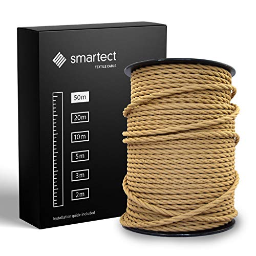 smartect Cabo têxtil entrançado em cor castanho claro, cabo elétrico de 3 fios de 50 metros (3 x 0,75 mm²) corda para candeeiro com revestimento têxtil para o seu projeto DIY