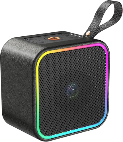 Altifalante portátil Bluetooth, altifalante sem fios de couro Bluetooth 5.3 com luzes, som estéreo de alta fidelidade, altifalante pequeno com microfone integrado, 10 horas de reprodução, à prova de