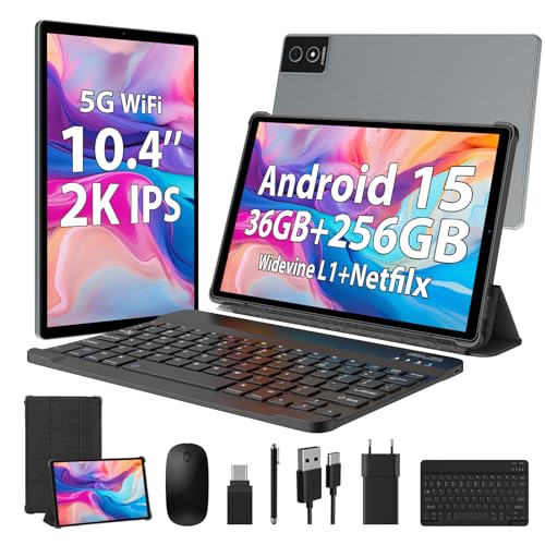 WOREGOO 10,4 polegadas Tablet Android 15, 5G WiFi, 36 GB RAM+256 GB ROM (1TB TF), 2000 x 1200FHD, Octa-Core, Widevine L1/8000 mAh/8 MP+ 13 MP/BT5.0/GPS/GPS/GPS/GMS, com T Escudo e rato, cinzento