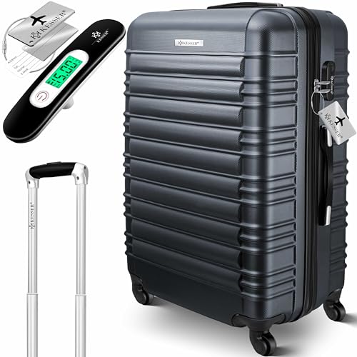 KESSER® Mala rígida de viagem, inclui balança de bagagem etiqueta de bagagem, mala com rodas, fechadura de combinação, 4 rodas, plástico ABS, cabo telescópico, antracite, 75cm - 120L