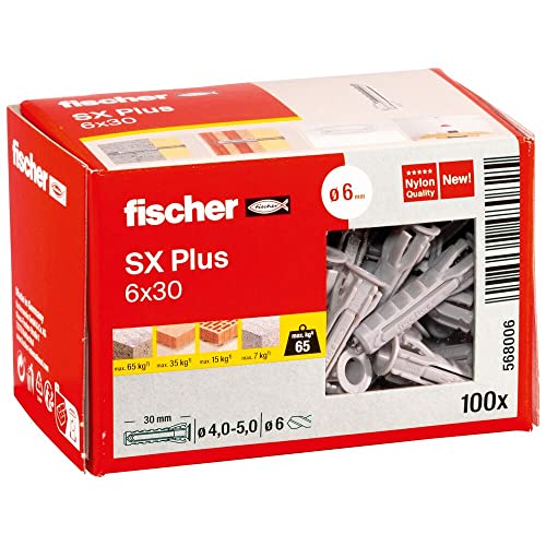 fischer 568006 - Taco de expansão SX Plus 6 x 30, caixa com 100 âncoras de nylon, âncoras para um suporte ideal ao fixar em betão, tijolo maciço, tijolo (caixa de 100 unidades)