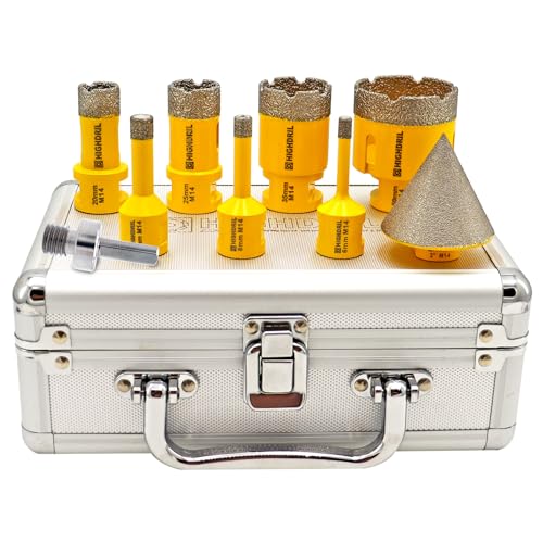 HIGHDRIL Conjunto Brocas de diamante 9 peças - 6/8/10/20/25/35/50 mm broca + 50 mm broca de chanfro adaptador serra de diamante para furos para porcelana azulejos de cerâmica granito mármore granito