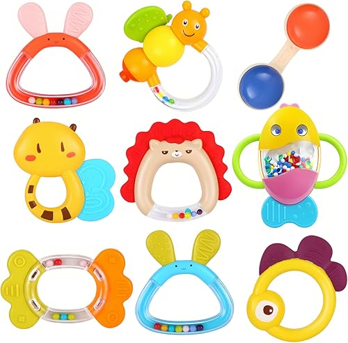 MOONTOY Chocalhos de bebé brinquedos de mordedor infantil sacudindo o sino conjunto de chocalho com caixa de armazenamento brinquedos de presente para 0, 3, 6, 9, 12 meses de idade e recém-nascido