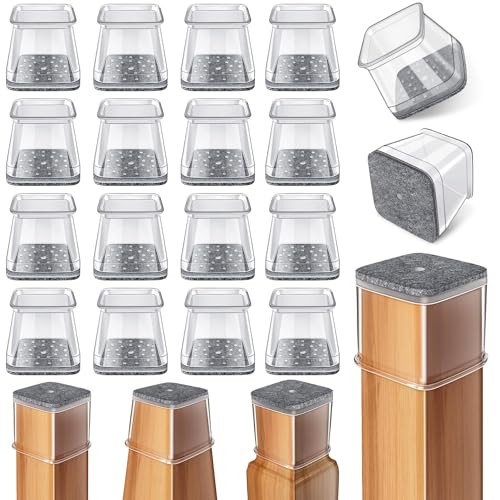 Protetor de pernas para cadeiras quadradas, 24 peças transparente silicone com feltro, deslizadores de feltro para cadeiras, tampas protetoras para pernas de cadeiras para pisos de madeira (Fit 27-40
