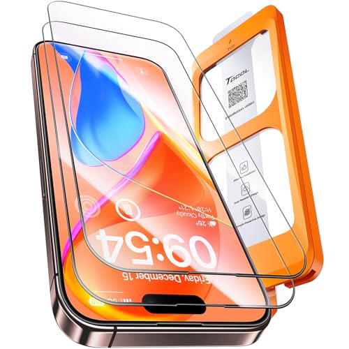 TOCOL 2 peças protetor de ecrã para iPhone 15 Pro, alinhamento automático para instalação rápida, sem bolhas, vidro temperado com dureza 9H e irritável, HD transparente