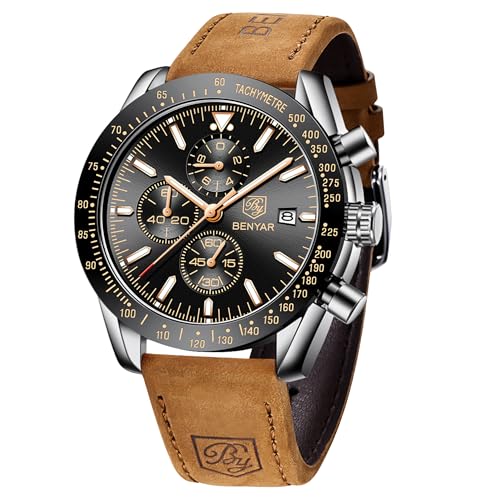 BY BENYAR - Reloj de Hombre, cronógrafo para Hombre, Movimiento de Cuarzo, Correa de Piel, Reloj Deportivo de Negocios, de Moda, 30 m, Resistente al Agua, antiarañazos, Regalo Elegante