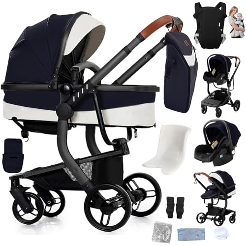 Reenborn Carrinho de couro PU bebé 3 em 1, carrinho de bebé com design dobrável com um só clique, carrinho de bebé com dois modos de pressão reversíveis, carrinho de 3 peças com moldura de alumínio