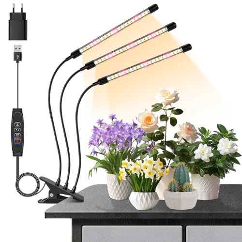 ANPSSSEN Candeeiro LED de crescimento para plantas com 3 cabeças - espectro completo 3000 K 5000 K 660nm - temporizador e 3 modos de luz para legumes de interior